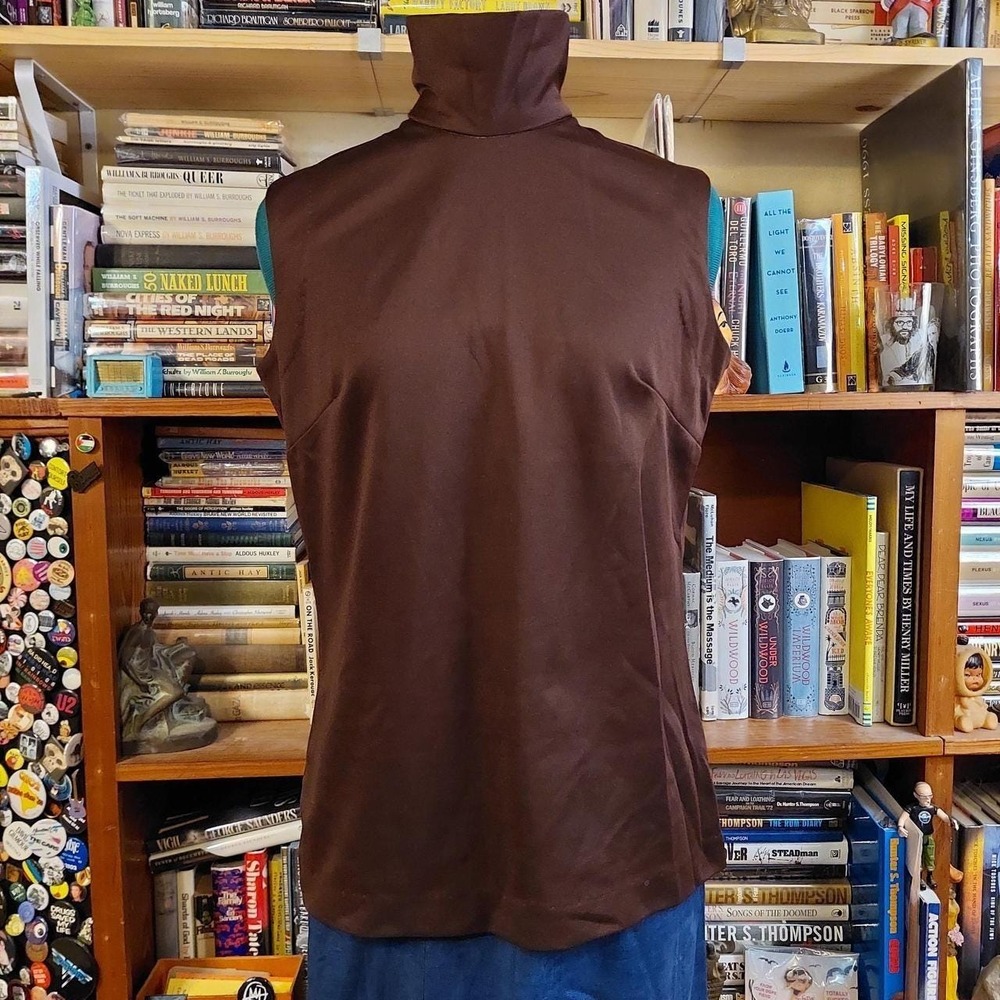 Vintage 70s Brown‎ Turtleneck Sleeveless Zip Back Top Retro Minimalist Shell